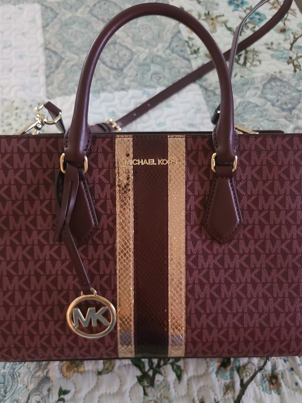 Michael Kors Burgundy Satchel with Gold Stripe Accents